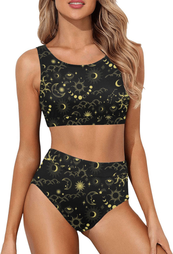 Gothic Black Gold Sun Print Top High Waist Two-piece Swimsuit
