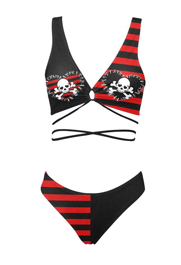 Gothic Black Red Contrast Color Stripe Skull Print Cross Strap Low Waist Bikini Set