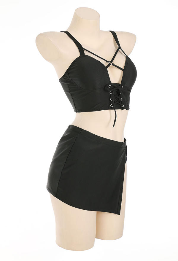 The Loner Gwen Women Gothic Black Cross Strap Lace-up Top with Sleeves and Split Mini Skirt Two Piece Swimsuit