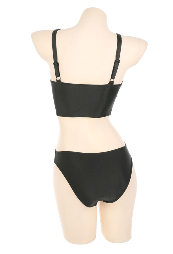 The Loner Gwen Women Gothic Black Cross Strap Lace-up Top with Sleeves and Split Mini Skirt Two Piece Swimsuit