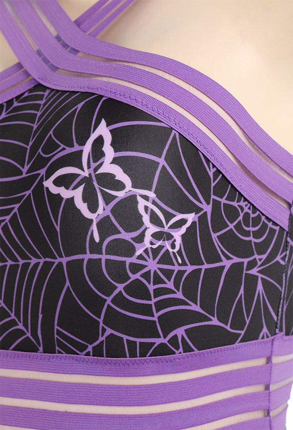 Gothic Purple Butterfly Spiderweb Pattern Halter Waist Hollow One-Piece Swimsuit