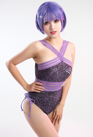 Gothic Purple Butterfly Spiderweb Pattern Halter Waist Hollow One-Piece Swimsuit