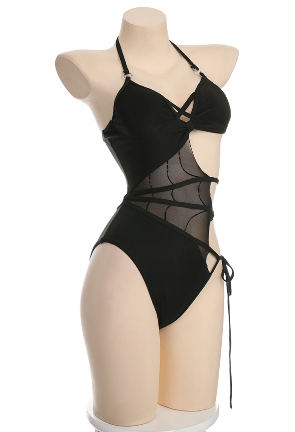 Night Spinner Gothic Cobweb Cutout Black Halter Neck One-Piece Swimsuit