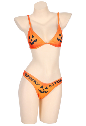 Summer Reign Women Gothic Orange Halloween Pumpkin Pattern Cheeky Bikini Set