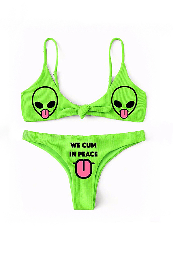 Summer Reign Women Gothic Green Alien Pattern Tie Front Cheeky Bikini Set
