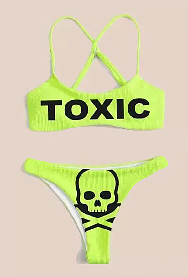 Summer Reign Women Gothic Neon Green Toxic Skull Pattern Cross Strap Cheeky Bikini Set