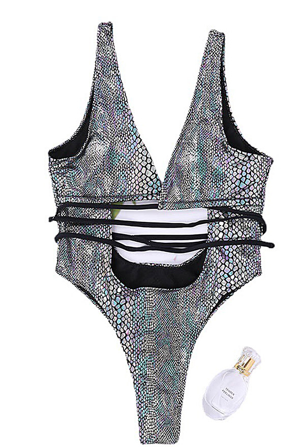 Women Sexy Silver Deep V Lace-up Mermaid Scale Pattern Tommy Control Cheeky One Piece Swimsuit