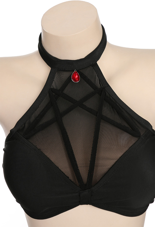 Night Spinner Black Hexagram Gothic Black Halter Neck Two-Piece Swimsuit