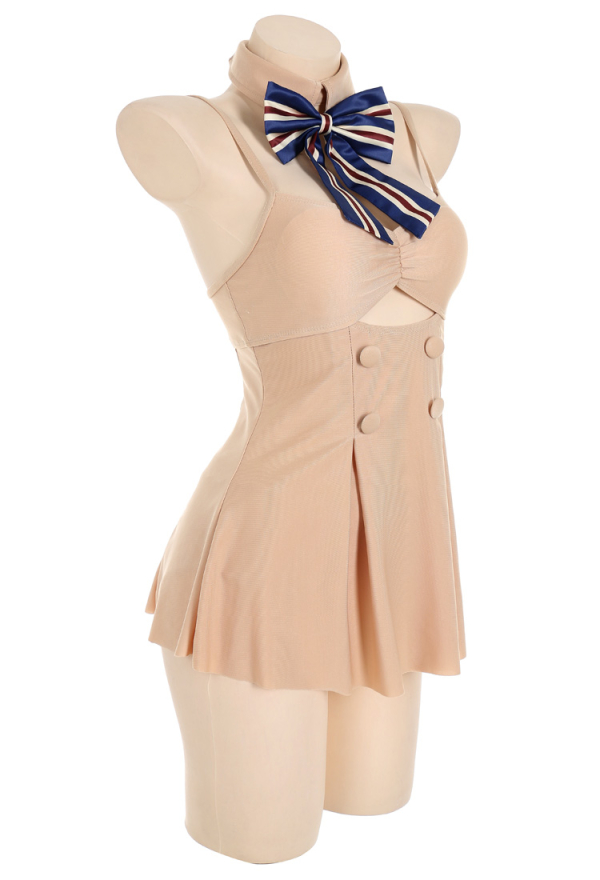 Robot Megan Beige Skirt One-Piece Swimsuit with Bow Collar And Panty