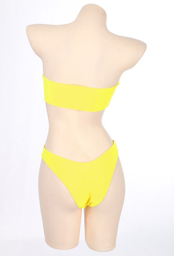 Summer Reign Women Gothic Yellow Caution Pattern Bandeau Top Cheeky Bottom Bikini Set