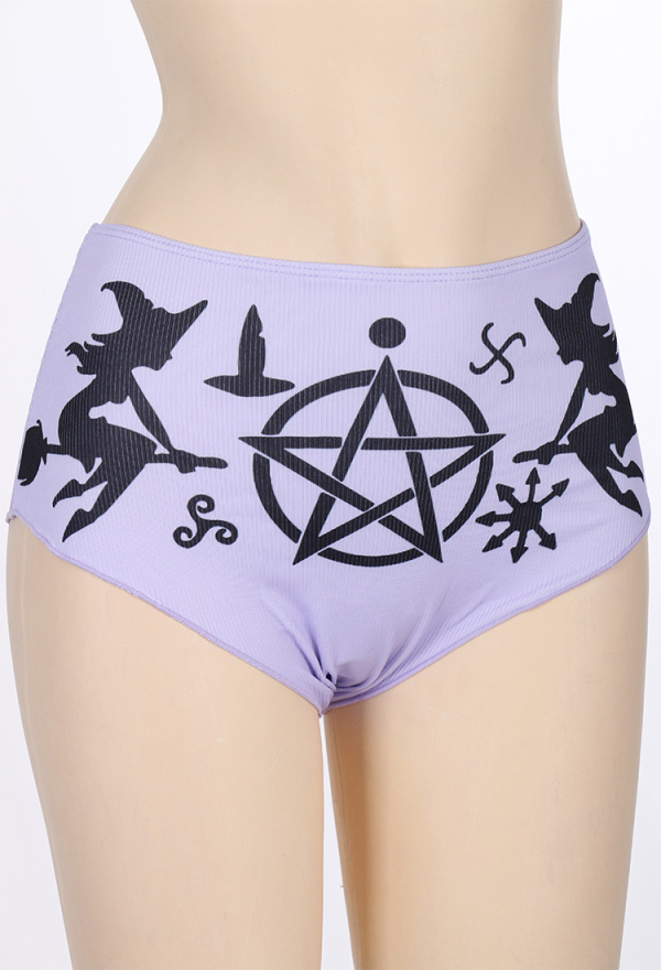 Summer Reign Women Gothic Purple Bat Witch Pattern Sporty Top and High Waist Bottom Swimsuit