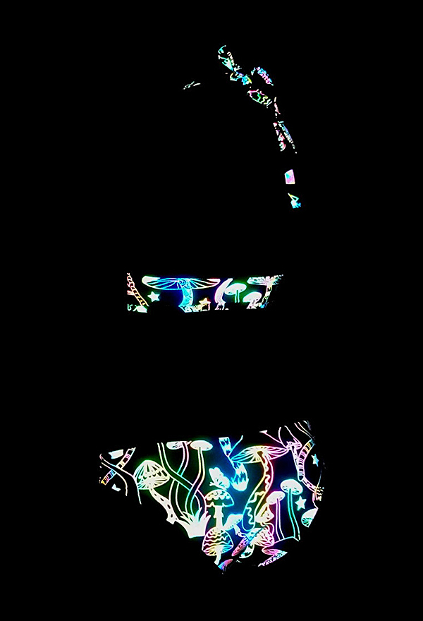 Psychedelic Mushroom Women Gothic Black Reflective Mushroom Pattern Halter String Bikini Set
