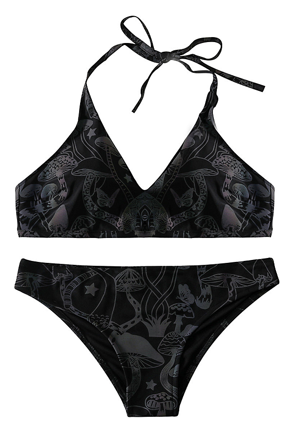Psychedelic Mushroom Women Gothic Black Reflective Mushroom Pattern Halter String Bikini Set