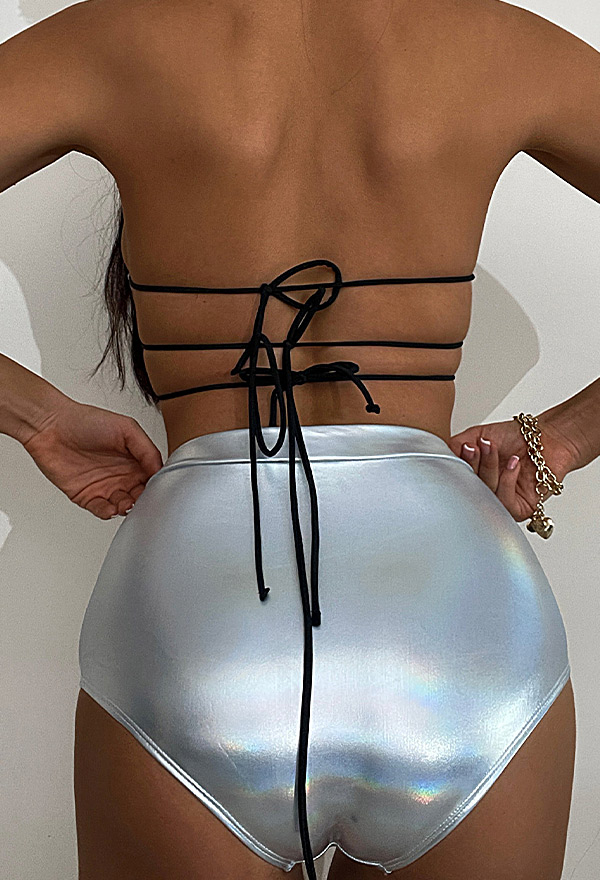 Women Sexy Shiny Silver Halter Lace-up Star Shaped Bra and High Waist Bottom Bikini Set