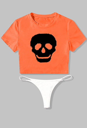 Women Gothic Orange Skeleton Print T-shirt and White Cheeky Bikini Bottom Set