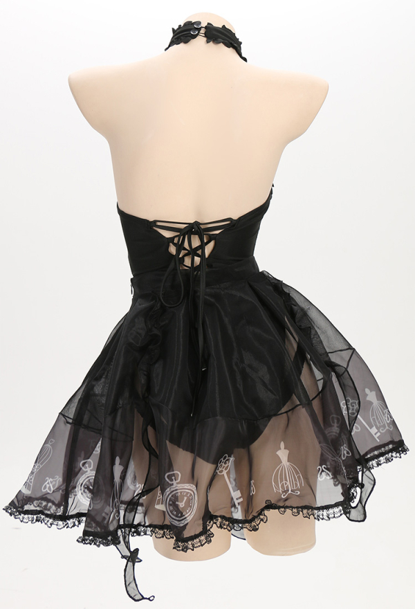Goth Girl Gothic Lolita Black Printed Tulle Skirt One-Piece Swimsuit with Tulle Skirt