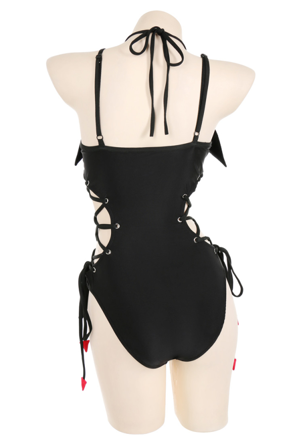 Devil Tail Gothic Black Halter Neck Cutout One-Piece Swimsuit