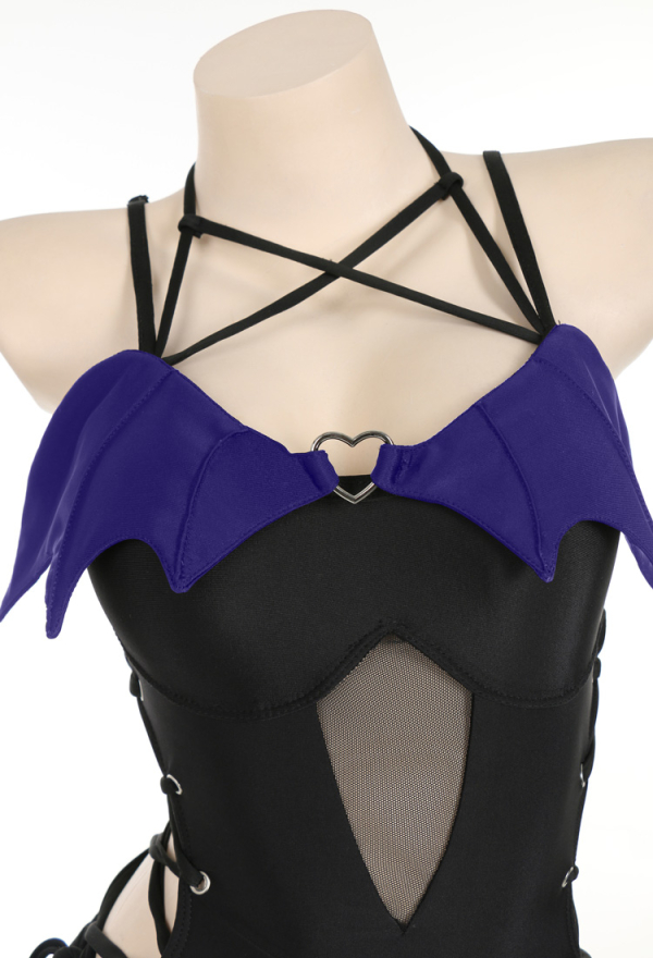 Devil Tail Gothic Purple Wings Halter Neck Cutout One-Piece Swimsuit