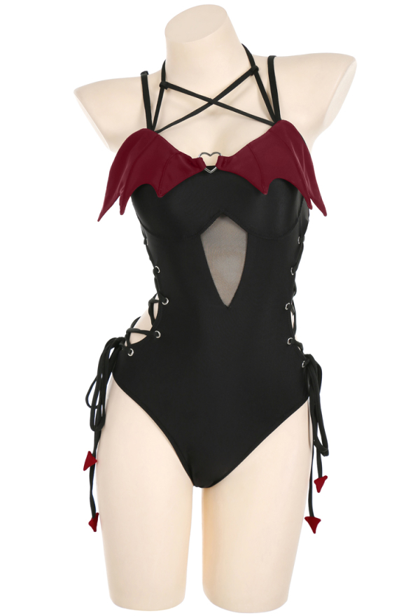 Devil Tail Gothic Claret Red Wings Halter Neck Cutout One-Piece Swimsuit