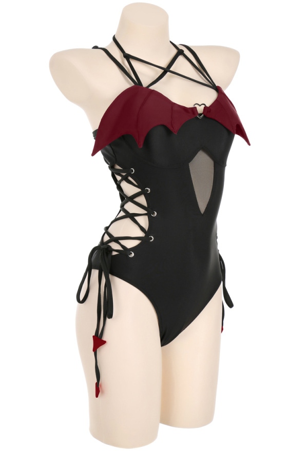 Devil Tail Gothic Claret Red Wings Halter Neck Cutout One-Piece Swimsuit