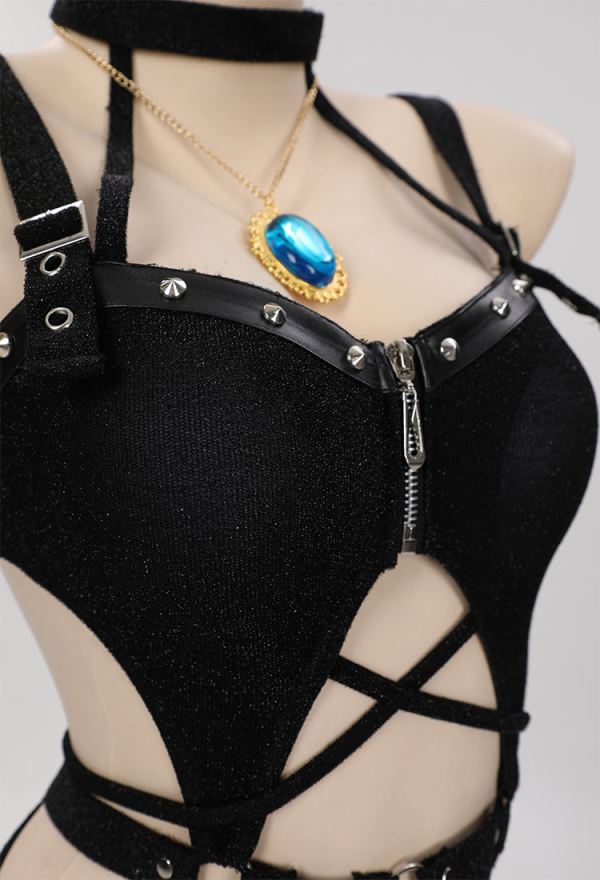 Black Cross Gothic Chest Zipper Metal Nail Decoration Black One Piece Swimsuit with Necklace and Leg Ring