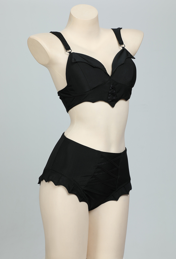 NIGHT WIDOW Gothic Bat Style Black Two Piece Swimsuit Set Short Top and Bottom Bathing Suit