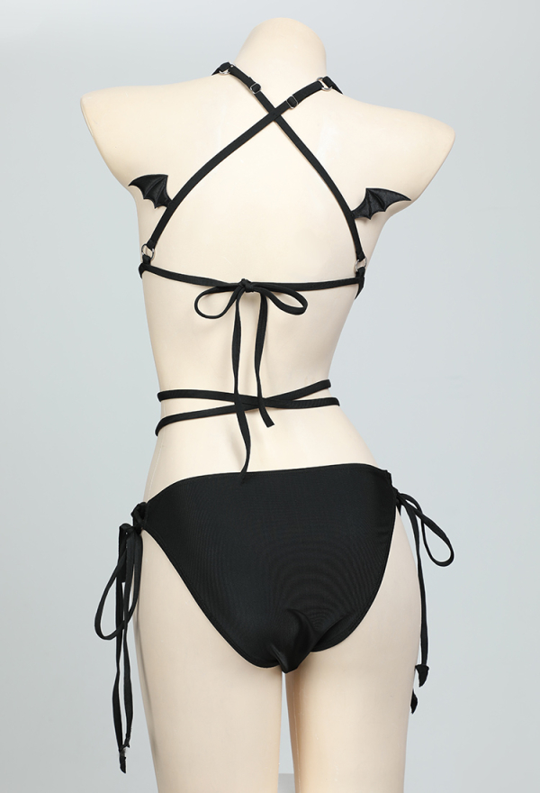 NIGHT WIDOW Gothic Bat Style Black Two-Piece Swimsuit Halter Lace-up Top and Low Waist Triangle Bottom Bathing Suit