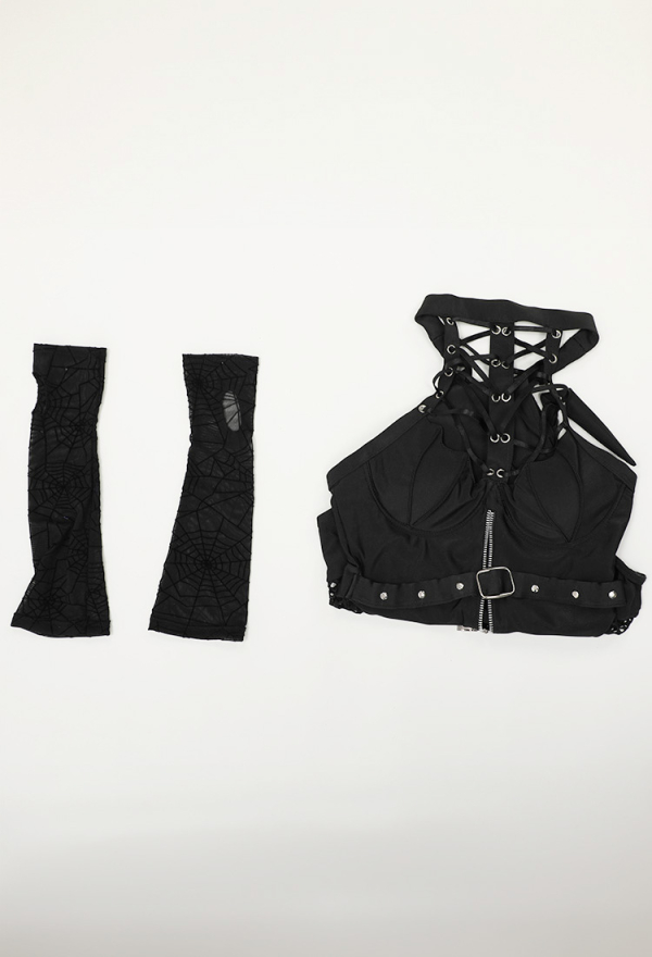 Dark Fantasy Gothic Swimwear Dark Bat Style Black Halter Hollow One Piece Swimsuit and Gloves