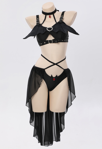 AFTER DUSK Gothic Swimsuit Black Bat Wing Top and Sheer Bottom
