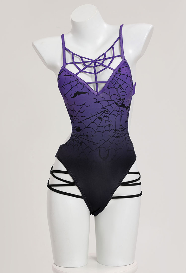 Gothic Sexy Black-Purple Gradient Color Swimsuit Spider Web and Bat Pattern Bodysuit Bathing Suit