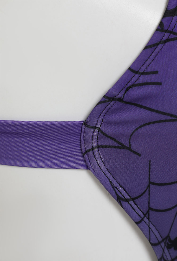 Gothic Sexy Black-Purple Gradient Color Swimsuit Spider Web and Bat Pattern Bodysuit Bathing Suit
