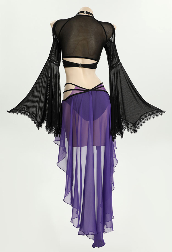 Gothic Swimwear Dark Style Black Purple Halter Top and Bottoms with Bat Sleeve Cover-Up