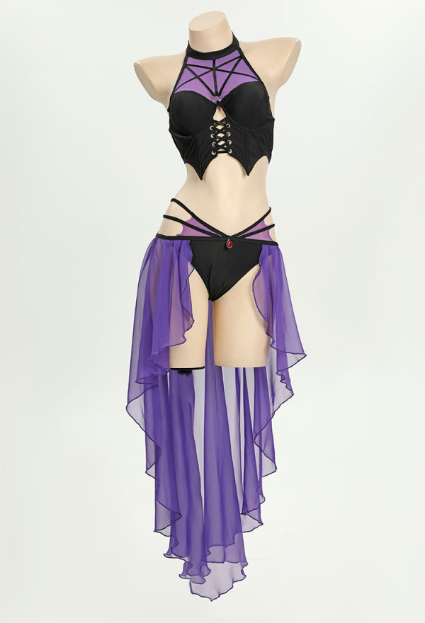 Gothic Swimwear Dark Style Black Purple Halter Top and Bottoms with Bat Sleeve Cover-Up