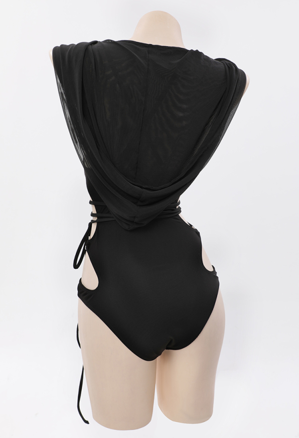 DARK BREATHE Gothic Hooded Swimsuit Black Post-apocalyptic Style Swimsuit Set