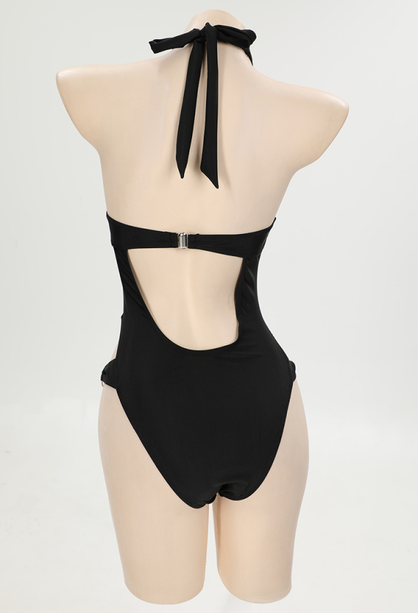 Gothic Black Swimsuit Halter Cross Pattern Cutout Bodysuit Bathing Suit and Arm Sleeves