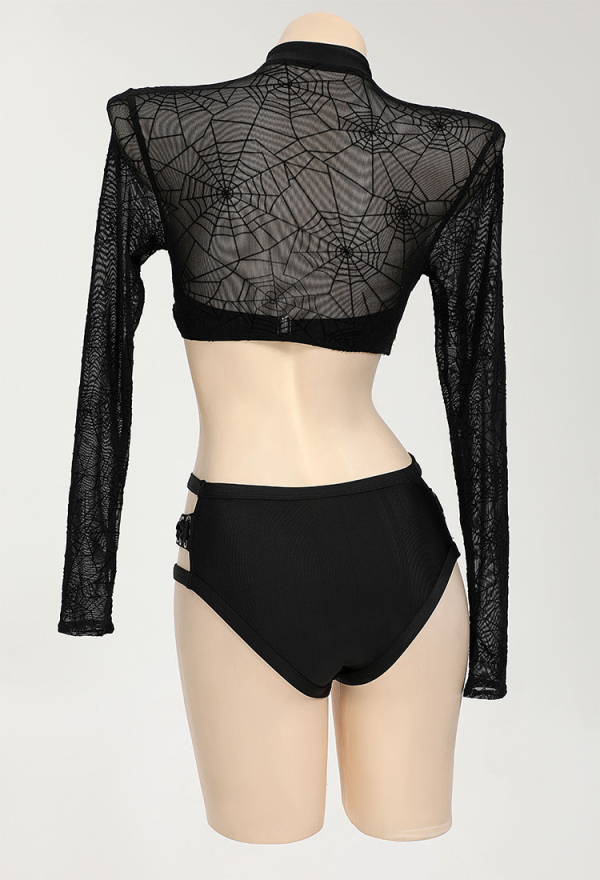Pretty Crawler Gothic Dark Swimsuit Black Spider Web Print Design Two-piece Swimsuit