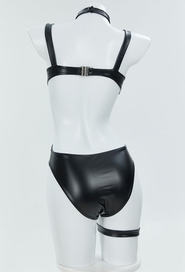 Halloween Gothic Punk Sexy Black Swimsuit One-piece Cutout Swimwear with Wrap Skirt Choker and Belt