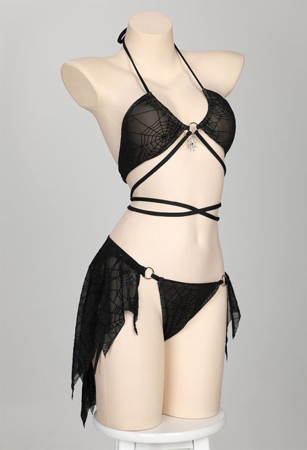 Pretty Crawler Gothic Swimsuit Spider Web Design Dark Style Swimwear Set