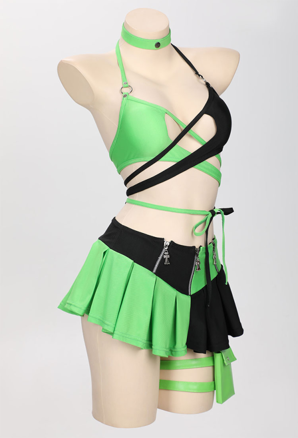 Green Menace Sexy Swimsuit Gothic Black Green Spliced Halter Bra and Bottom Bathing Suit with Long Sleeve Top Skirt and Choker