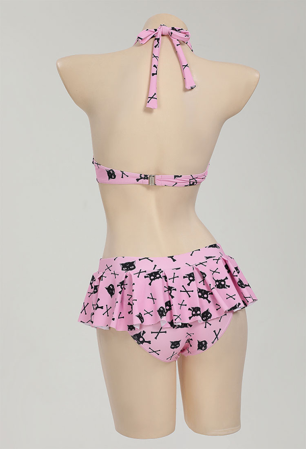 Thriller Kitten Skull Cat Print Swimsuit Heart-shaped Design Pink Skleteon Cat Two Pieces Swimsuit