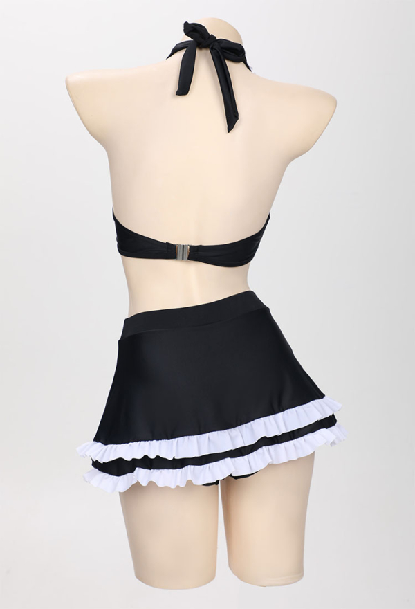 Gothic Swimwear Set Black Halter Top And Mini Skirt with Striped Stockings