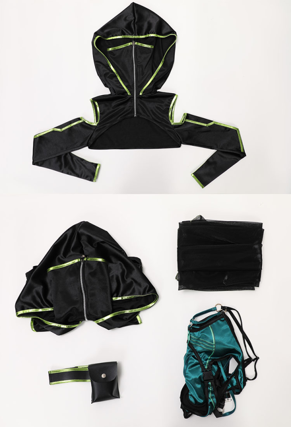 Venom Assassin Swimsuit Green Cutout Bodysuit and Short Coat with Leg Straps and Skirt Hem