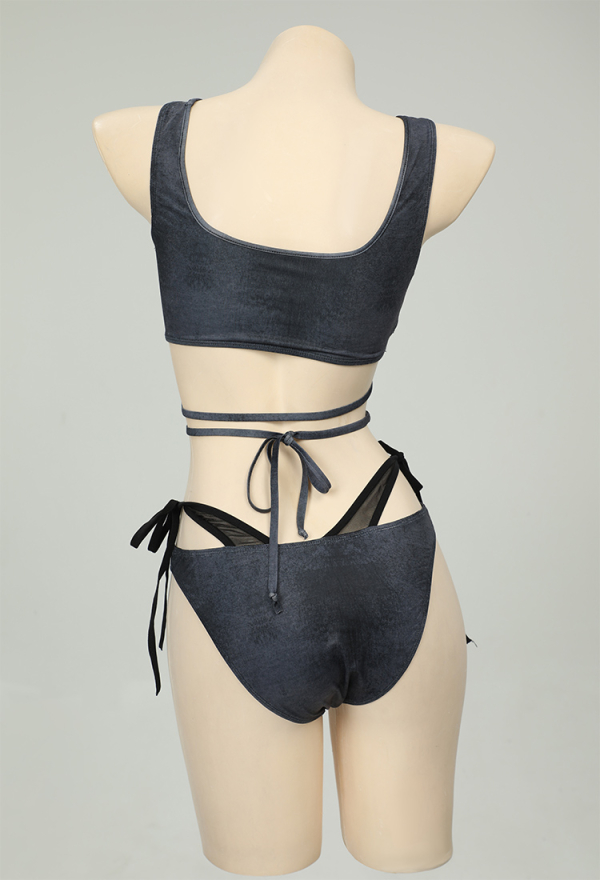 Future Dystopian Wasteland Style Black Grey Swimsuit Straps Top and Triangle Bikini Bottoms with Arm Sleeves