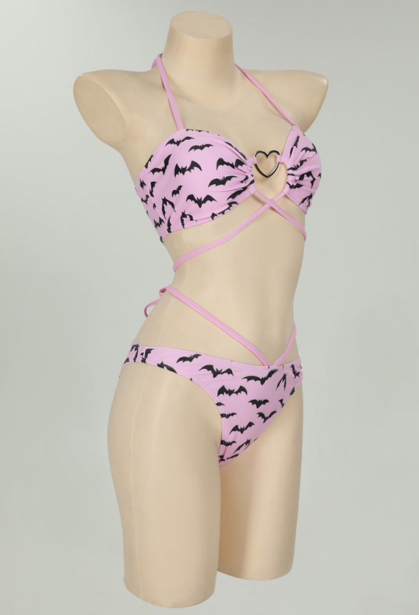 Gothic Bat Pink Bikini Set Swimsuit Heart Buckle Halter Lace-up Top and Triangle Panty Bathing Suit Swimwear