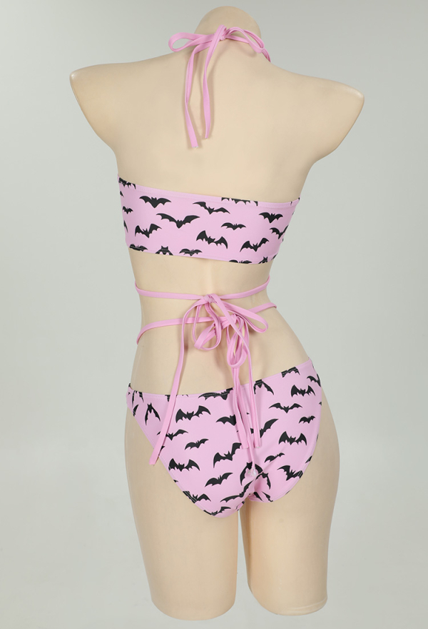 Gothic Bat Pink Bikini Set Swimsuit Heart Buckle Halter Lace-up Top and Triangle Panty Bathing Suit Swimwear