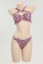 Unique Skull Leopard Print Swimsuit Pink Two-Piece Bathing Suit Halter Neck Cut Out Swimsuit
