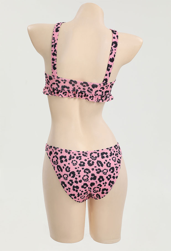 Unique Skull Leopard Print Swimsuit Pink Two-Piece Bathing Suit Halter Neck Cut Out Swimsuit