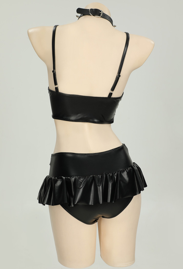 Punk Splash Gothic Faux Leather Swimsuit Set Black Top And Mini Skirt with Choker