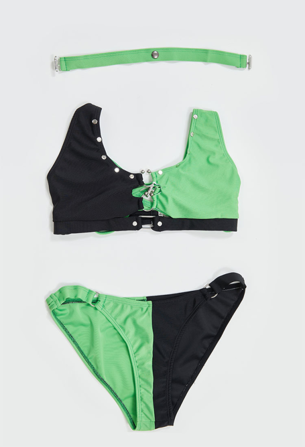 Green Menace Sexy Black and Green Buckle Decoration Two-Piece Swimsuit