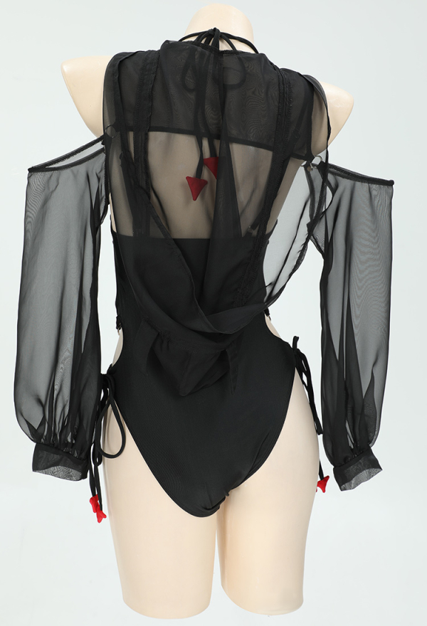 Gothic Devil Style One-Piece Swimsuit Black Halter Hollow Bathing Suit and Semi-Transparent Cover-Up